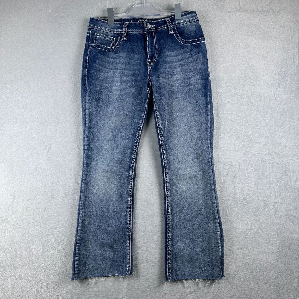 Grace in LA Bootcut Jeans Embroidered Pockets Raw Hem Women's Blue Size 13-31